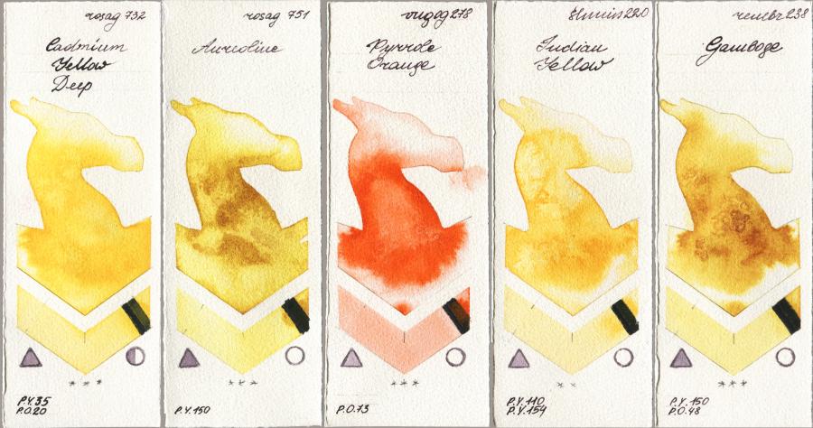 Rosa Gallery 732 Cadmium Yellow Deep vs 751 Aureoline vs Royal Talens Van Gogh Watercolour 278 Pyrrole Orange vs Shminke Horadam Aquarell 220 Indian Yellow vs Royal Talens Rembrandt Watercolour 238 Gamboge watercolor swatch