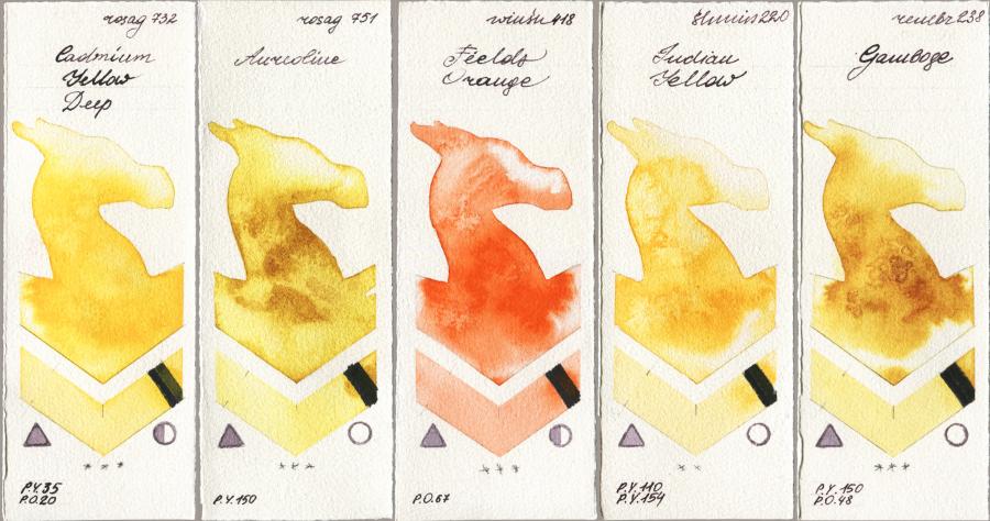 Rosa Gallery 732 Cadmium Yellow Deep vs 751 Aureoline vs Winsor & Newton Professional 418 Fields Orange vs Shminke Horadam Aquarell 220 Indian Yellow vs Royal Talens Rembrandt Watercolour 238 Gamboge watercolor swatch