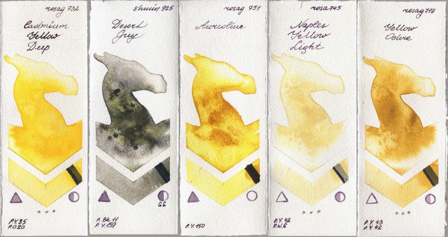 Rosa Gallery 732 Cadmium Yellow Deep vs Shminke Horadam Aquarell 925 Desert Grey vs 751 Aureoline vs 745 Naples Yellow Light vs 719 Yellow Ochre watercolor swatch