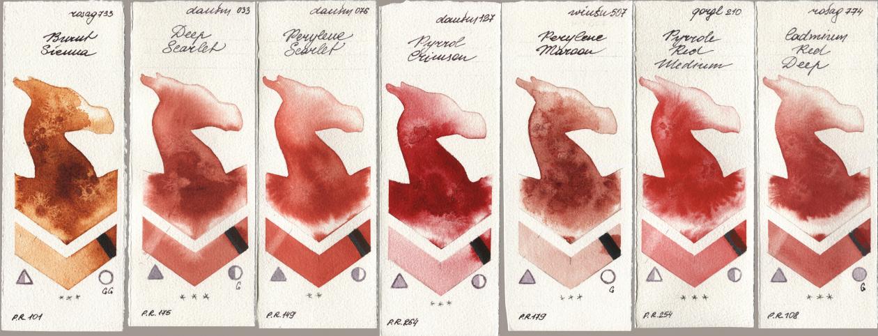 Rosa Gallery 733 Burnt Sienna, Daniel Smith 033 Deep Scarlet, 076 Perylene Scarlet, 127 Pyrrol Crimson, Winsor & Newton Professional 507 Perylene Maroon, Golden QOR 210 Pyrrole Red Medium, 774 Cadmium Red De watercolor swatch