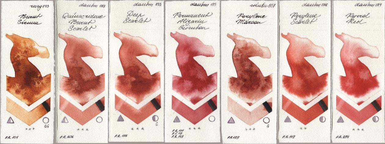 Rosa Gallery 733 Burnt Sienna, Daniel Smith 087 Quinacridone Burnt Scarlet, 033 Deep Scarlet, 185 Permanent Alizarin Crimson, Winsor & Newton Professional 507 Perylene Maroon, 076 Perylene Scarlet, 084 Pyrrol R watercolor swatch