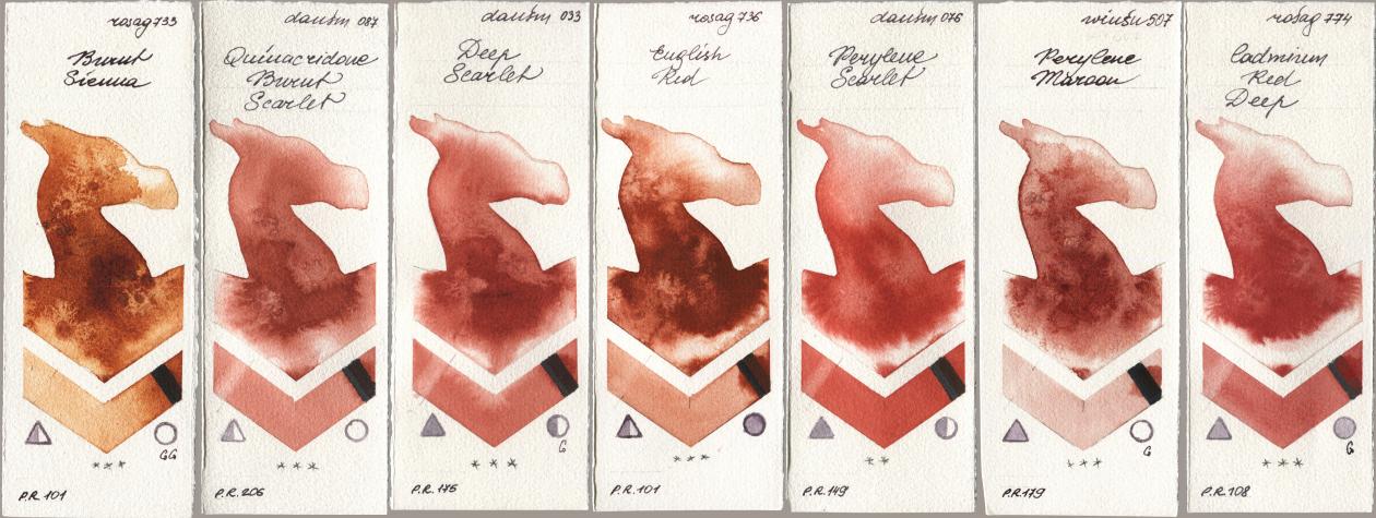Rosa Gallery 733 Burnt Sienna, Daniel Smith 087 Quinacridone Burnt Scarlet, 033 Deep Scarlet, 736 English Red, 076 Perylene Scarlet, Winsor & Newton Professional 507 Perylene Maroon, 774 Cadmium Red De watercolor swatch
