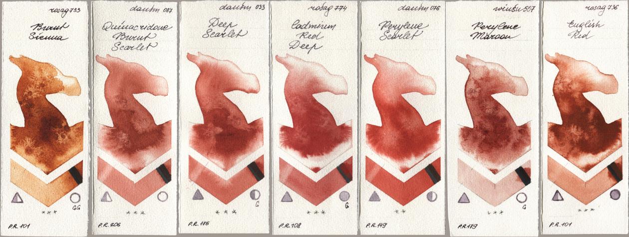 Rosa Gallery 733 Burnt Sienna, Daniel Smith 087 Quinacridone Burnt Scarlet, 033 Deep Scarlet, 774 Cadmium Red Deep, 076 Perylene Scarlet, Winsor & Newton Professional 507 Perylene Maroon, 736 English R watercolor swatch