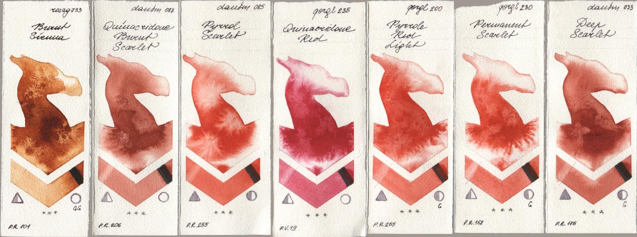 Rosa Gallery 733 Burnt Sienna, Daniel Smith 087 Quinacridone Burnt Scarlet, 085 Pyrrol Scarlet, Golden QOR 235 Quinacridone Red, 200 Pyrrole Red Light, 230 Permanent Scarlet, 033 Deep Scarl watercolor swatch