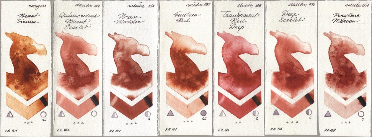Rosa Gallery 733 Burnt Sienna, Daniel Smith 087 Quinacridone Burnt Scarlet, Winsor & Newton Professional 056 Brown Madder, 678 Venetian Red, Shminke Horadam Aquarell 355 Transparent Red Deep, 033 Deep Scarlet, 507 Perylene Maro watercolor swatch