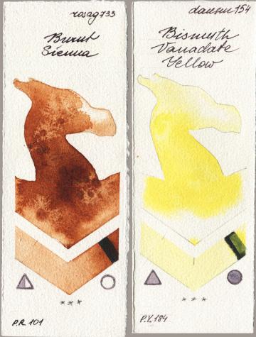 Rosa Gallery 733 Burnt Sienna vs Daniel Smith 154 Bismuth Vanadate Yellow watercolor swatch