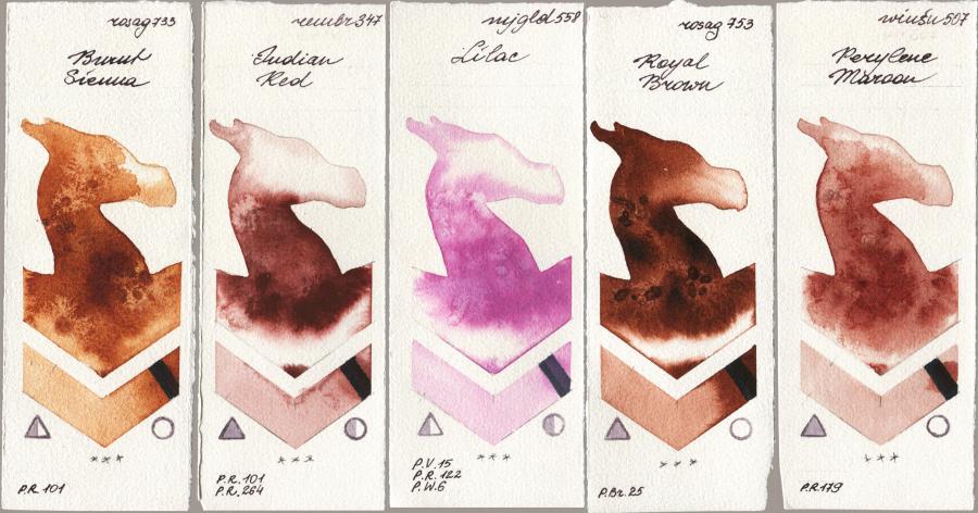Rosa Gallery 733 Burnt Sienna vs Royal Talens Rembrandt Watercolour 347 Indian Red vs Mijello Mission Gold 558 Lilac vs 753 Royal Brown vs Winsor & Newton Professional 507 Perylene Maroon watercolor swatch