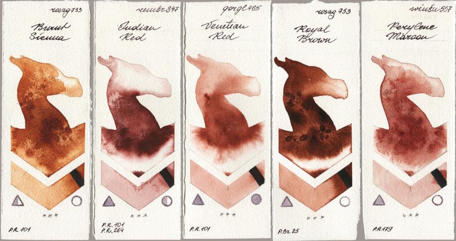 Rosa Gallery 733 Burnt Sienna vs Royal Talens Rembrandt Watercolour 347 Indian Red vs Golden QOR 465 Venetian Red vs 753 Royal Brown vs Winsor & Newton Professional 507 Perylene Maroon watercolor swatch