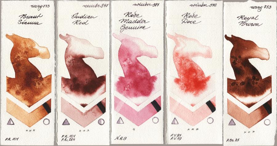 Rosa Gallery 733 Burnt Sienna vs Royal Talens Rembrandt Watercolour 347 Indian Red vs Winsor & Newton Professional 587 Rose Madder Genuine vs 576 Rose Dore vs 753 Royal Brown watercolor swatch