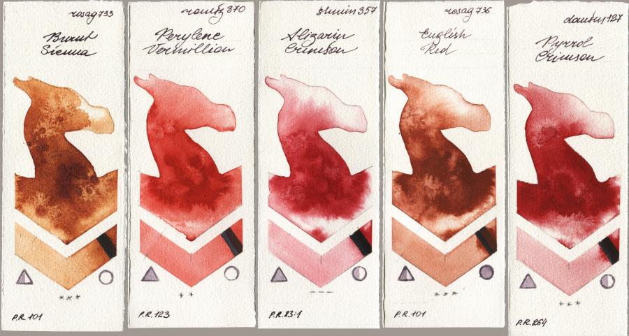 Rosa Gallery 733 Burnt Sienna vs Roman Szmal Aquarius 370 Perylene Vermillion vs Shminke Horadam Aquarell 357 Alizarin Crimson vs 736 English Red vs Daniel Smith 127 Pyrrol Crimson watercolor swatch