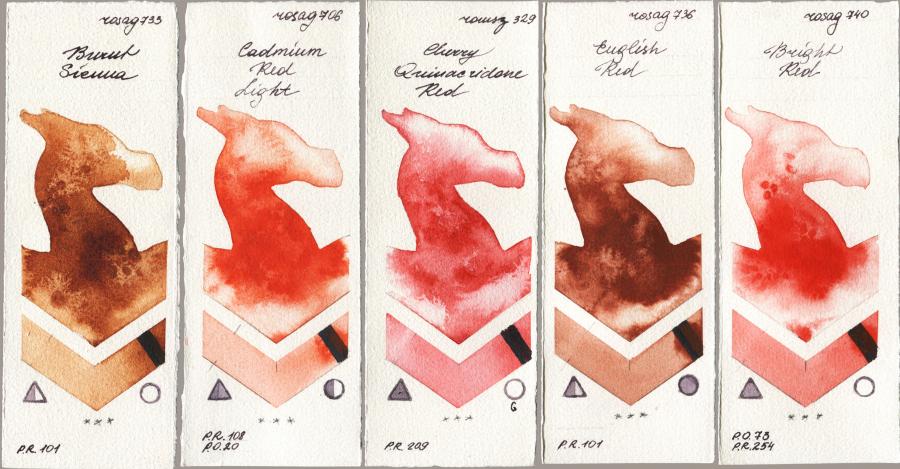 Rosa Gallery 733 Burnt Sienna vs 706 Cadmium Red Light vs Roman Szmal Aquarius 329 Cherry Quinacridone Red vs 736 English Red vs 740 Bright Red watercolor swatch