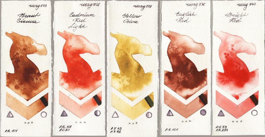 Rosa Gallery 733 Burnt Sienna vs 706 Cadmium Red Light vs 719 Yellow Ochre vs 736 English Red vs 740 Bright Red watercolor swatch