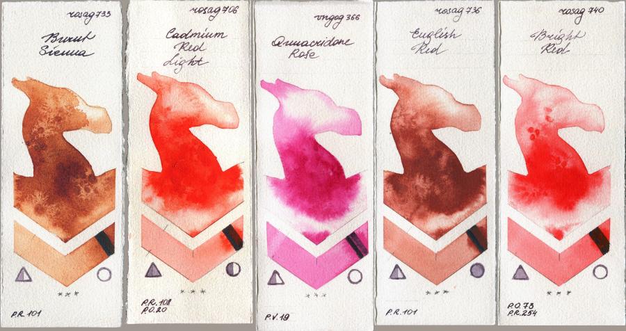 Rosa Gallery 733 Burnt Sienna vs 706 Cadmium Red Light vs Royal Talens Van Gogh Watercolour 366 Quinacridone Rose vs 736 English Red vs 740 Bright Red watercolor swatch