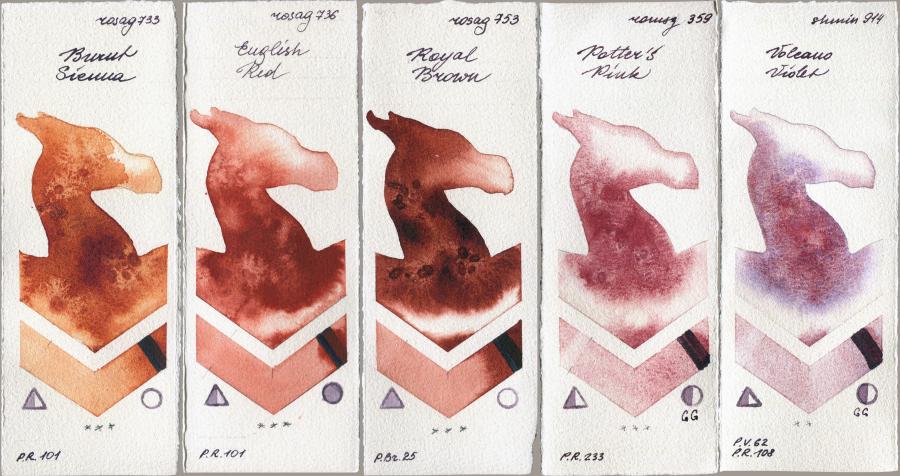 Rosa Gallery 733 Burnt Sienna vs 736 English Red vs 753 Royal Brown vs Roman Szmal Aquarius 359 Potters Pink vs Shminke Horadam Aquarell 914 Volcano Violet watercolor swatch