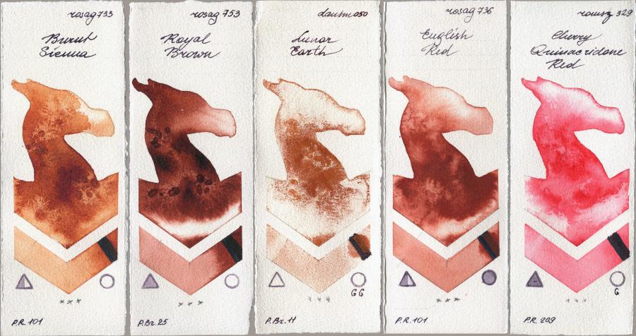 Rosa Gallery 733 Burnt Sienna vs 753 Royal Brown vs Daniel Smith 050 Lunar Earth vs 736 English Red vs Roman Szmal Aquarius 329 Cherry Quinacridone Red watercolor swatch