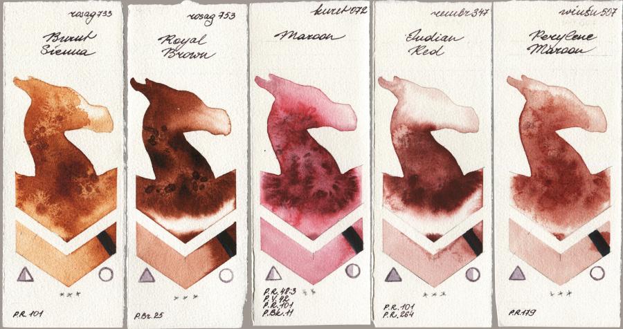 Rosa Gallery 733 Burnt Sienna vs 753 Royal Brown vs Kuretake Gansai Tambi 072 Maroon vs Royal Talens Rembrandt Watercolour 347 Indian Red vs Winsor & Newton Professional 507 Perylene Maroon watercolor swatch