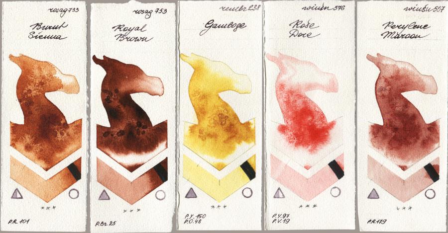 Rosa Gallery 733 Burnt Sienna vs 753 Royal Brown vs Royal Talens Rembrandt Watercolour 238 Gamboge vs Winsor & Newton Professional 576 Rose Dore vs 507 Perylene Maroon watercolor swatch