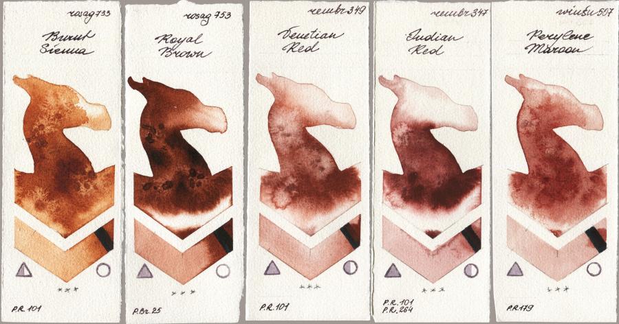 Rosa Gallery 733 Burnt Sienna vs 753 Royal Brown vs Royal Talens Rembrandt Watercolour 349 Venerian Red vs 347 Indian Red vs Winsor & Newton Professional 507 Perylene Maroon watercolor swatch