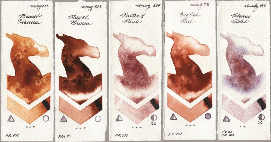 Rosa Gallery 733 Burnt Sienna vs 753 Royal Brown vs Roman Szmal Aquarius 359 Potters Pink vs 736 English Red vs Shminke Horadam Aquarell 914 Volcano Violet watercolor swatch