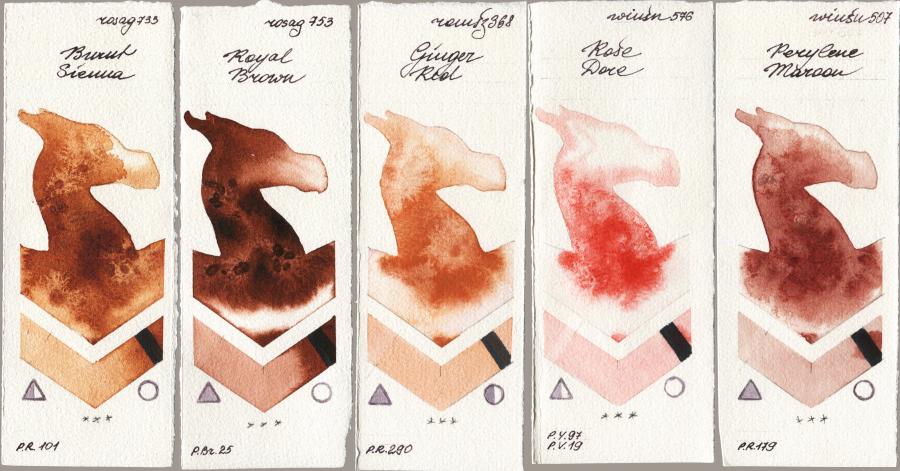 Rosa Gallery 733 Burnt Sienna vs 753 Royal Brown vs Roman Szmal Aquarius 368 Genger Red vs Winsor & Newton Professional 576 Rose Dore vs 507 Perylene Maroon watercolor swatch