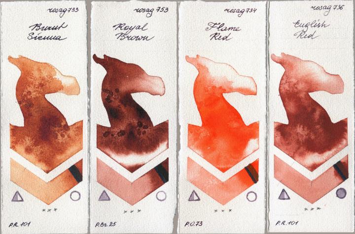 Rosa Gallery 733 Burnt Sienna vs 753 Royal Brown vs 734 Flame Red vs 736 English Red watercolor swatch