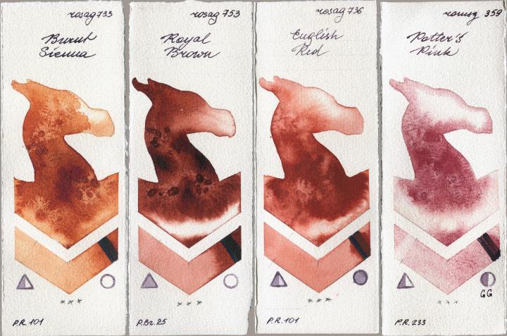 Rosa Gallery 733 Burnt Sienna vs 753 Royal Brown vs 736 English Red vs Roman Szmal Aquarius 359 Potters Pink watercolor swatch