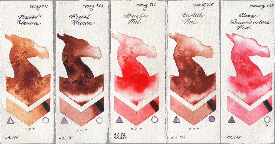 Rosa Gallery 733 Burnt Sienna vs 753 Royal Brown vs 740 Bright Red vs 736 English Red vs Roman Szmal Aquarius 329 Cherry Quinacridone Red watercolor swatch