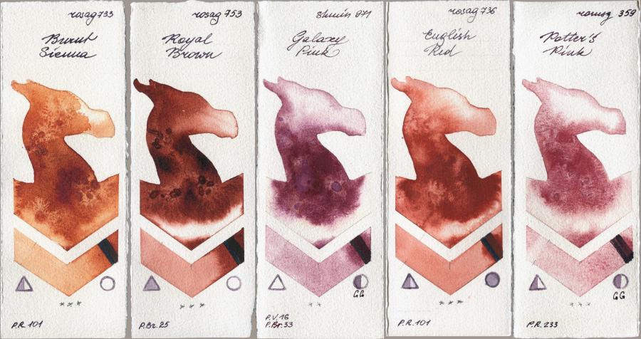 Rosa Gallery 733 Burnt Sienna vs 753 Royal Brown vs Shminke Horadam Aquarell 971 Galaxy Pink vs 736 English Red vs Roman Szmal Aquarius 359 Potters Pink watercolor swatch