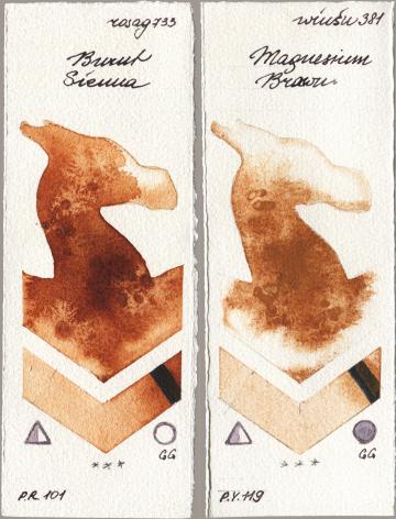 Rosa Gallery 733 Burnt Sienna, Winsor & Newton Professional 381 Magnesuim Bro watercolor swatch