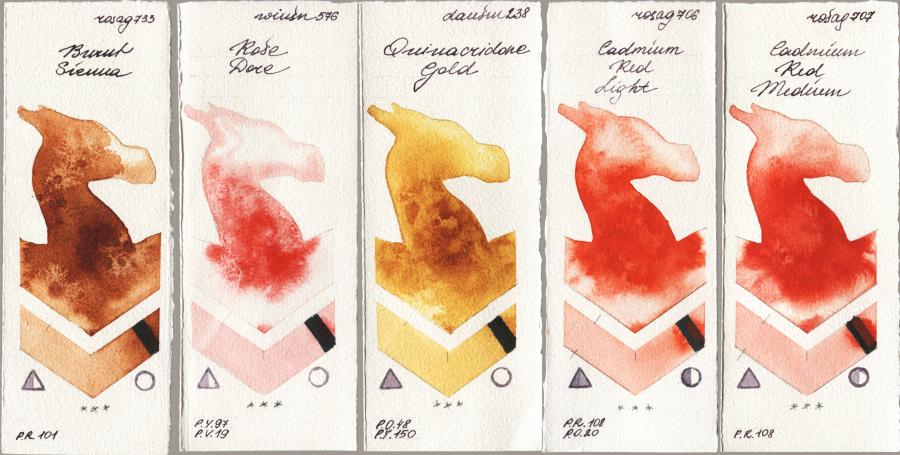 Rosa Gallery 733 Burnt Sienna vs Winsor & Newton Professional 576 Rose Dore vs Daniel Smith 238 Quinacridone Gold vs 706 Cadmium Red Light vs 707 Cadmium Red Medium watercolor swatch