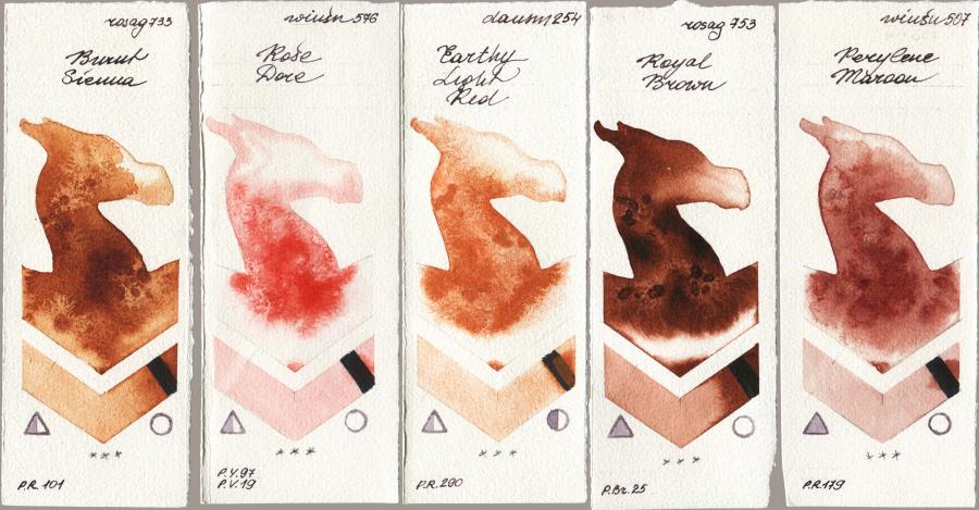 Rosa Gallery 733 Burnt Sienna vs Winsor & Newton Professional 576 Rose Dore vs Daniel Smith 254 Earthy Light Red vs 753 Royal Brown vs 507 Perylene Maroon watercolor swatch