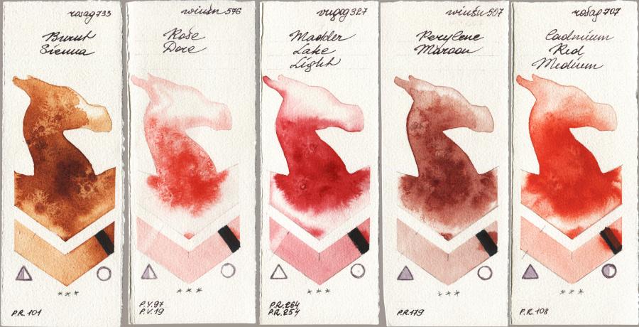 Rosa Gallery 733 Burnt Sienna vs Winsor & Newton Professional 576 Rose Dore vs Royal Talens Van Gogh Watercolour 327 Madder Lake Light vs 507 Perylene Maroon vs 707 Cadmium Red Medium watercolor swatch