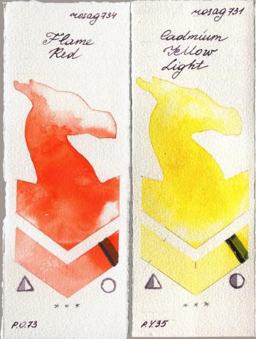 Rosa Gallery 734 Flame Red vs 731 Cadmium Yellow Light watercolor swatch