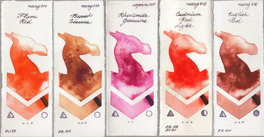 Rosa Gallery 734 Flame Red vs 733 Burnt Sienna vs Daniel Smith 167 Rhodonite Genuine vs 706 Cadmium Red Light vs 736 English Red watercolor swatch