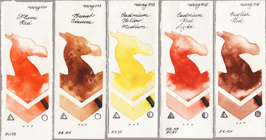 Rosa Gallery 734 Flame Red vs 733 Burnt Sienna vs 703 Cadmium Yellow Medium vs 706 Cadmium Red Light vs 736 English Red watercolor swatch