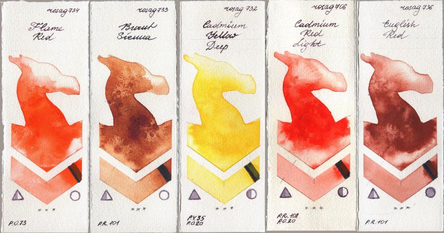 Rosa Gallery 734 Flame Red vs 733 Burnt Sienna vs 732 Cadmium Yellow Deep vs 706 Cadmium Red Light vs 736 English Red watercolor swatch