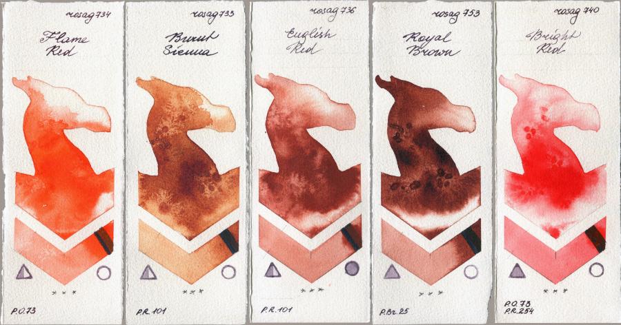 Rosa Gallery 734 Flame Red vs 733 Burnt Sienna vs 736 English Red vs 753 Royal Brown vs 740 Bright Red watercolor swatch