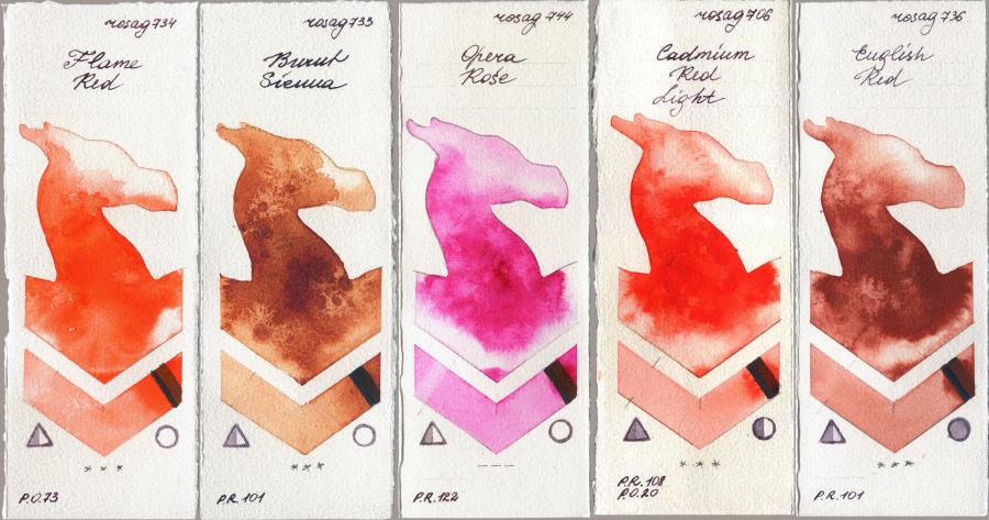 Rosa Gallery 734 Flame Red vs 733 Burnt Sienna vs 744 Opera Rose vs 706 Cadmium Red Light vs 736 English Red watercolor swatch