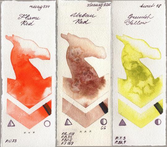 Rosa Gallery 734 Flame Red vs Shminke Horadam Aquarell 926 Urban Red vs Kuretake Gansai Tambi 48 Greenish Yellow watercolor swatch