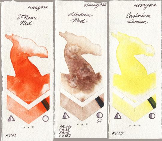 Rosa Gallery 734 Flame Red vs Shminke Horadam Aquarell 926 Urban Red vs 702 Cadmium Lemon watercolor swatch