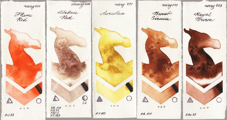 Rosa Gallery 734 Flame Red vs Shminke Horadam Aquarell 926 Urban Red vs 751 Aureoline vs 733 Burnt Sienna vs 753 Royal Brown watercolor swatch
