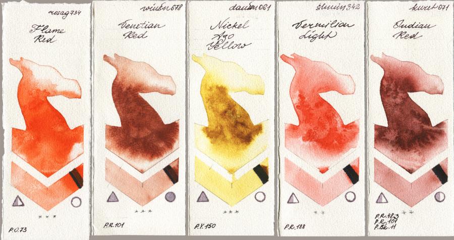 Rosa Gallery 734 Flame Red vs Winsor & Newton Professional 678 Venetian Red vs Daniel Smith 061 Nickel Azo Yellow vs Shminke Horadam Aquarell 342 Vermilion Light vs Kuretake Gansai Tambi 071 Indian Red watercolor swatch