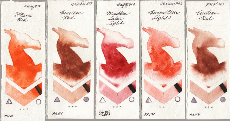 Rosa Gallery 734 Flame Red vs Winsor & Newton Professional 678 Venetian Red vs Royal Talens Van Gogh Watercolour 327 Madder Lake Light vs Shminke Horadam Aquarell 342 Vermilion Light vs Golden QOR 465 Venetian Red watercolor swatch