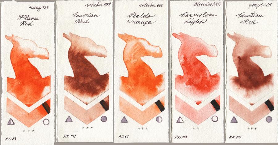 Rosa Gallery 734 Flame Red vs Winsor & Newton Professional 678 Venetian Red vs 418 Fields Orange vs Shminke Horadam Aquarell 342 Vermilion Light vs Golden QOR 465 Venetian Red watercolor swatch