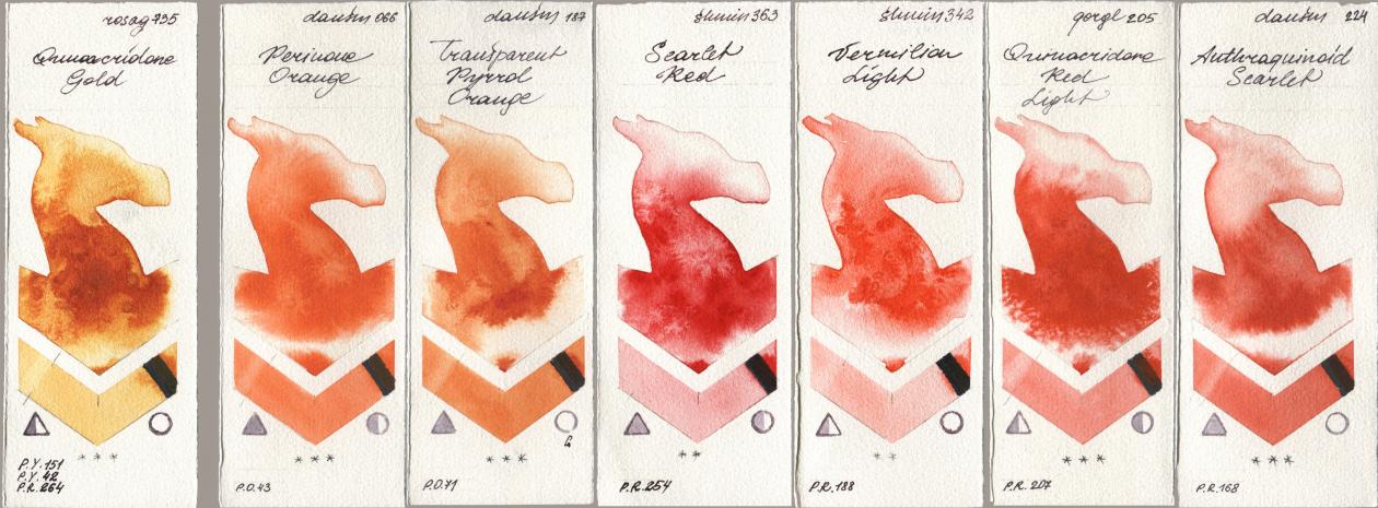 Rosa Gallery 735 Quinacridone Gold, Daniel Smith 066 Perinone Orange, 187 Transparent Pyrrol Orange, Shminke Horadam Aquarell 363 Scarlet Red, 342 Vermilion Light, Golden QOR 205 Quinacridone Red Light, 224 Anthraquinoid Scarl watercolor swatch