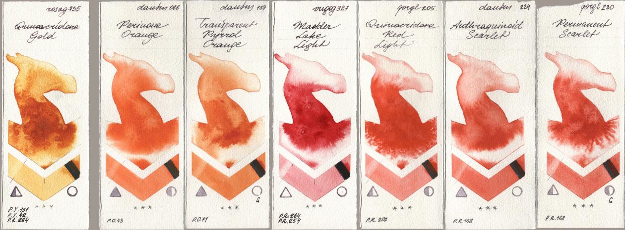 Rosa Gallery 735 Quinacridone Gold, Daniel Smith 066 Perinone Orange, 187 Transparent Pyrrol Orange, Royal Talens Van Gogh Watercolour 327 Madder Lake Light, Golden QOR 205 Quinacridone Red Light, 224 Anthraquinoid Scarlet, 230 Permanent Scarl watercolor swatch