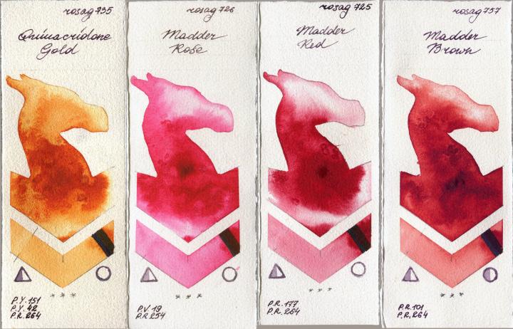 Rosa Gallery 735 Quinacridone Gold vs 726 Madder Rose vs 725 Madder Red vs 757 Madder Brown watercolor swatch