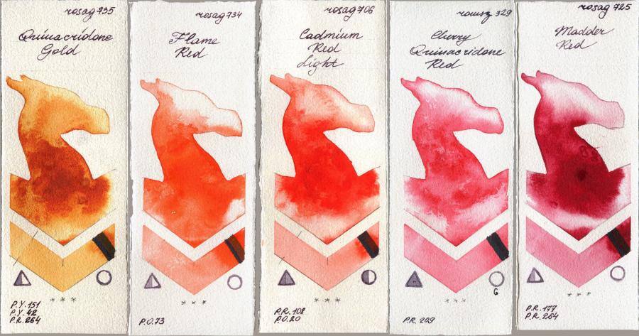 Rosa Gallery 735 Quinacridone Gold vs 734 Flame Red vs 706 Cadmium Red Light vs Roman Szmal Aquarius 329 Cherry Quinacridone Red vs 725 Madder Red watercolor swatch