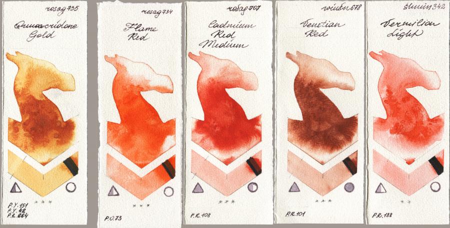 Rosa Gallery 735 Quinacridone Gold vs 734 Flame Red vs 707 Cadmium Red Medium vs Winsor & Newton Professional 678 Venetian Red vs Shminke Horadam Aquarell 342 Vermilion Light watercolor swatch