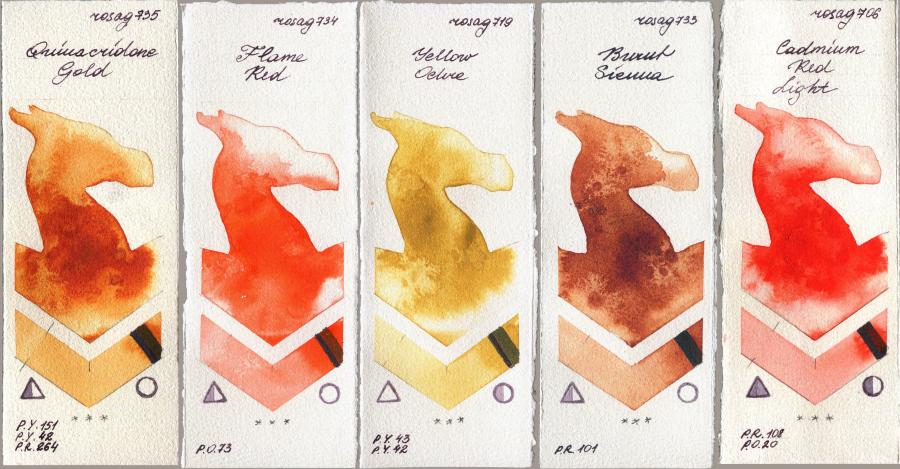 Rosa Gallery 735 Quinacridone Gold vs 734 Flame Red vs 719 Yellow Ochre vs 733 Burnt Sienna vs 706 Cadmium Red Light watercolor swatch